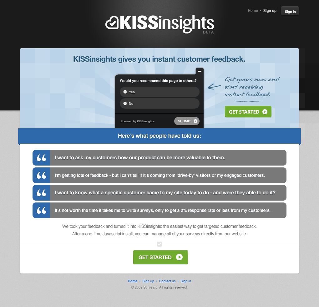 KISSinsights landing page